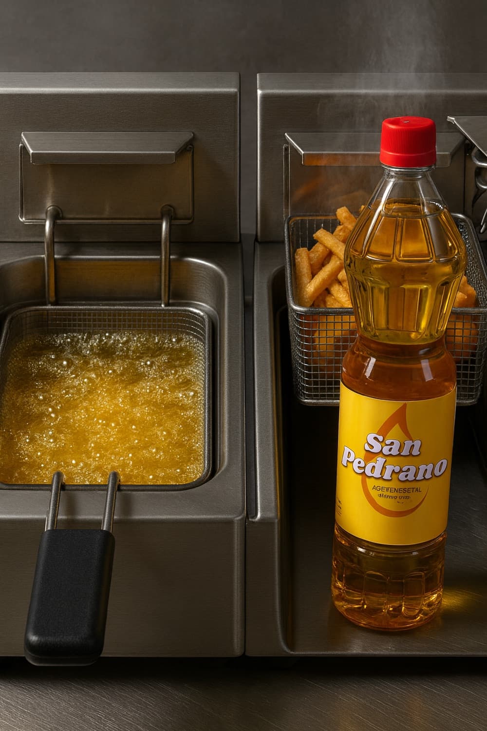 Botella de Aceite San Pedrano junto a una freidora comercial